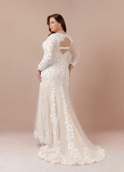 Diamond White Champagne Mermaid V-Neck lace Tulle Dress