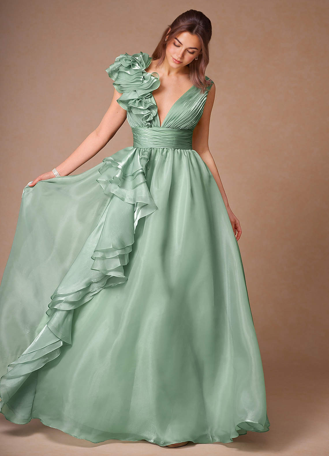 Vespera Sage Ruffles Gown  Dress