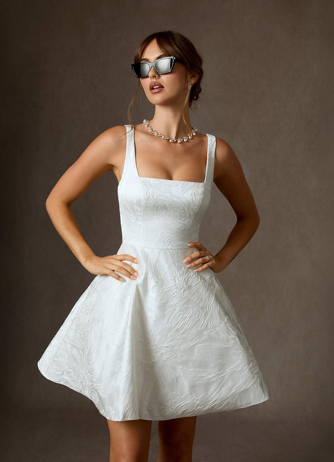 Diamond White A-Line with Pockets Floral Jacquard Dress