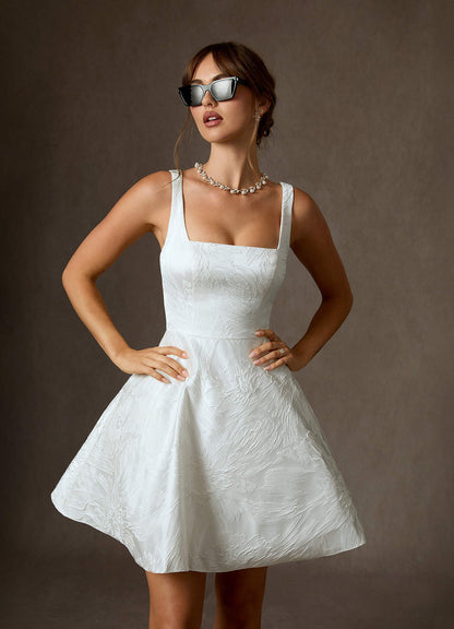 Diamond White A-Line with Pockets Floral Jacquard Dress