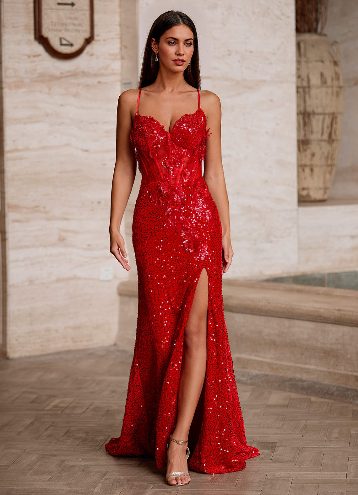 Velvetine Red Applique Sequin Prom Dress  Dress