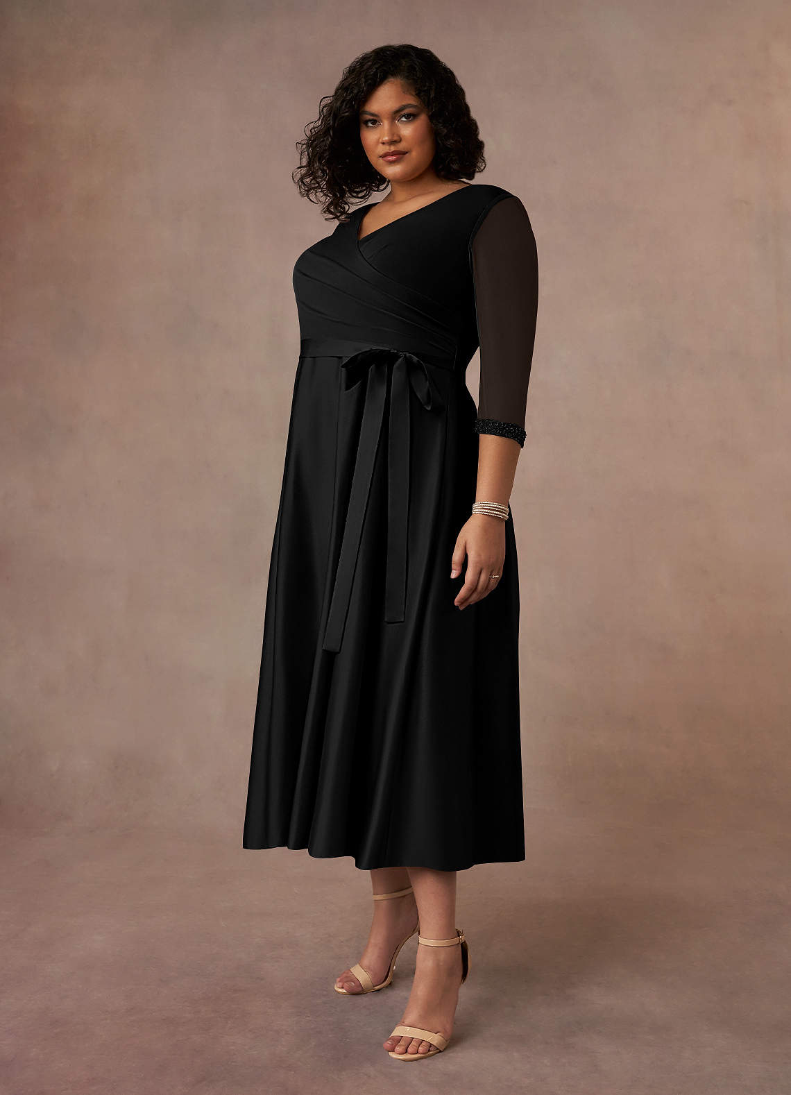 Black A-Line Pleated Matte Satin Dress