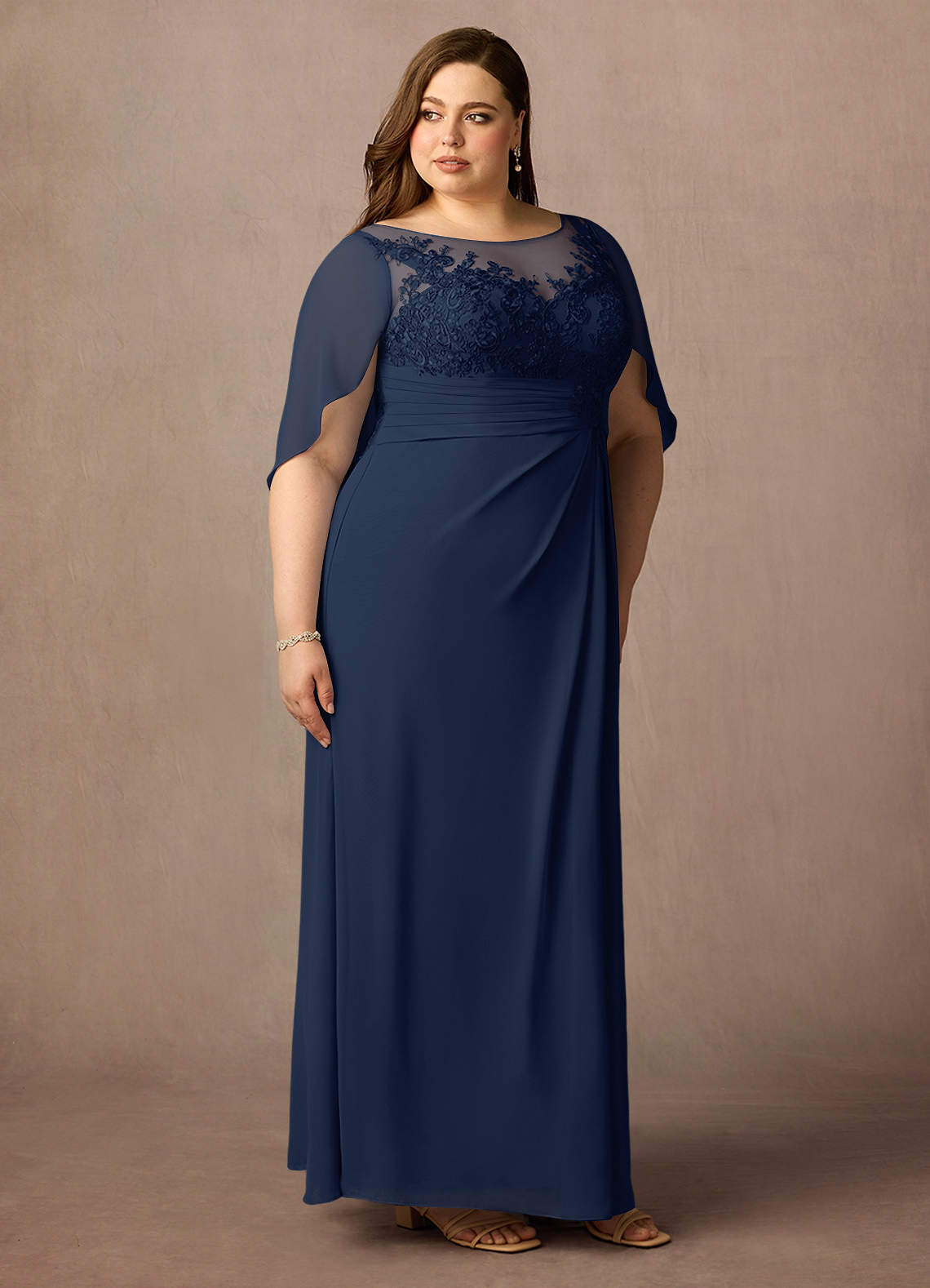 Dark Navy A-Line Lace Capelet Chiffon Dress