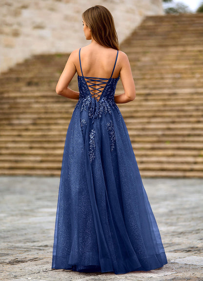 Milliener Navy Tulle Flowers Prom Dress