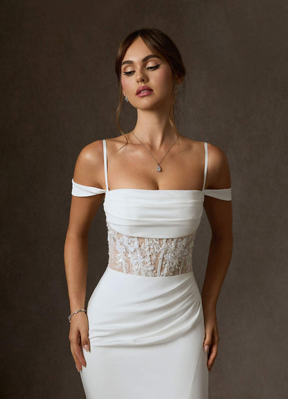 Diamond White Nude Mermaid Off the Shoulder Crepe Back Satin Dress