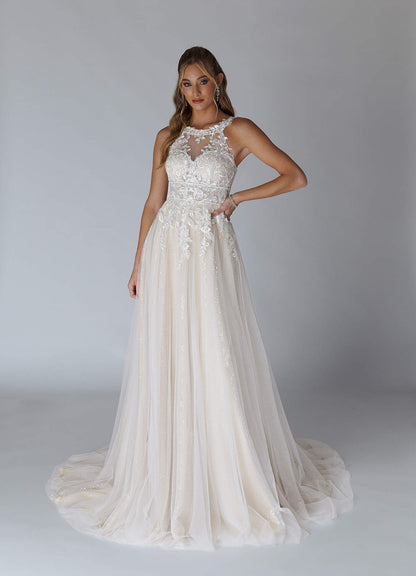 Diamond White Champagne A-Line Sequins Tulle Dress