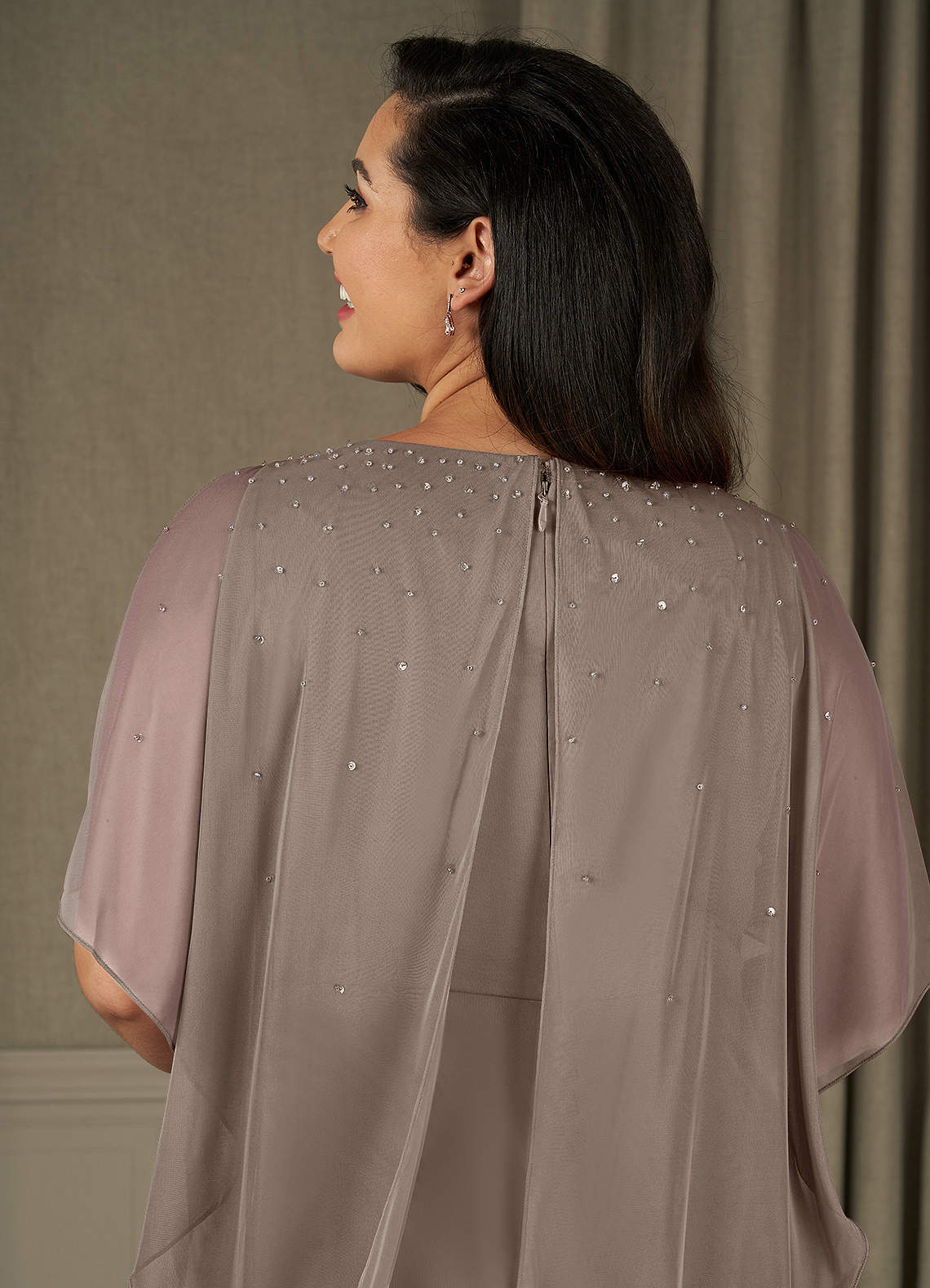 Taupe Sheath Beaded Mesh Dress