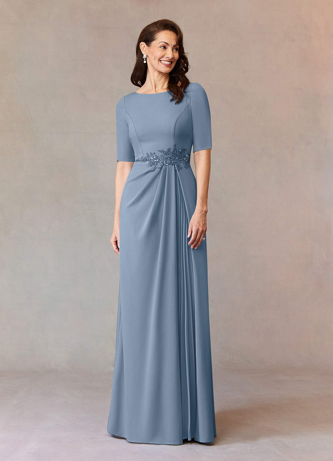 Dusty Blue A-Line Sequins Stretch Crepe Dress