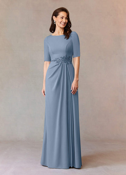 Dusty Blue A-Line Sequins Stretch Crepe Dress