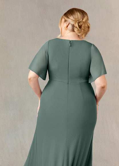 Eucalyptus A-Line V-Neck ruched Mesh Dress
