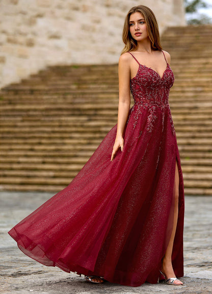 Milliener Burgundy Tulle Flowers Prom Dress