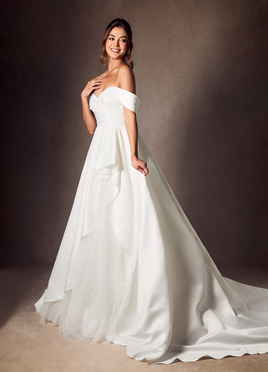 Diamond White A-Line Off the Shoulder Matte Satin Dress
