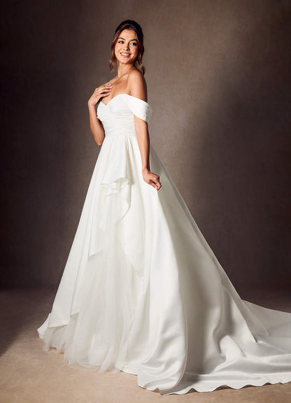 Diamond White A-Line Off the Shoulder Matte Satin Dress
