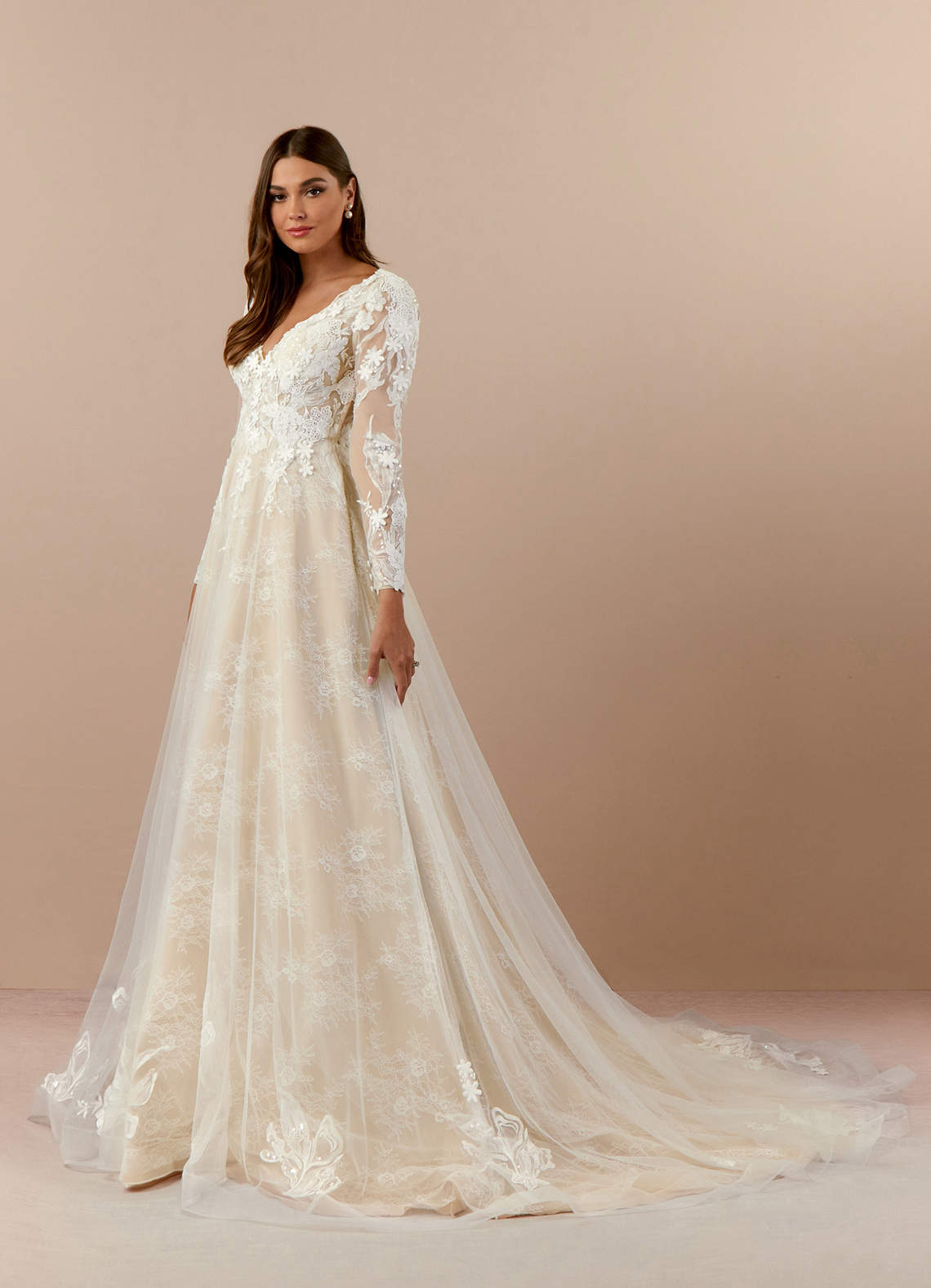 Diamond White Champagne A-Line V-Neck Sequins Tulle Dress