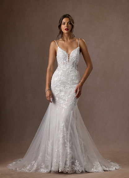 Diamond White Mermaid V-Neck Sequins Tulle Dress