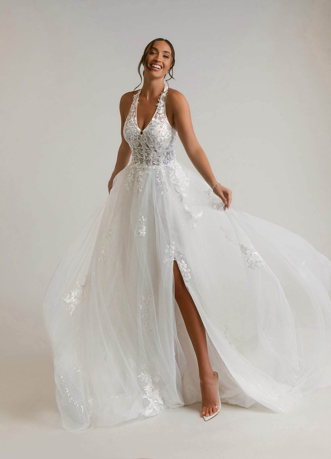 Diamond White A-Line Halter Sequins Tulle Dress