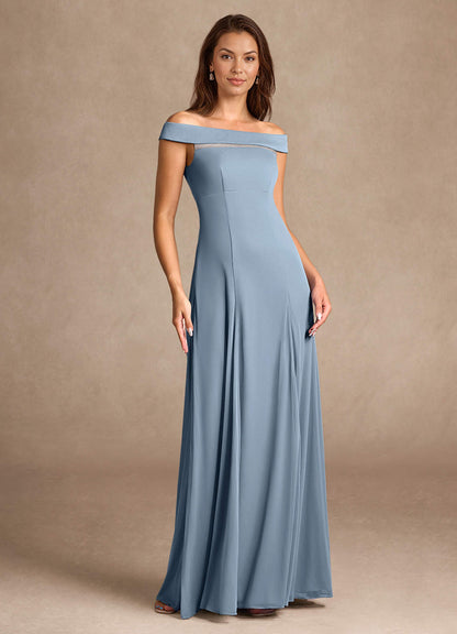Dusty Blue A-Line Off the Shoulder Mesh Dress