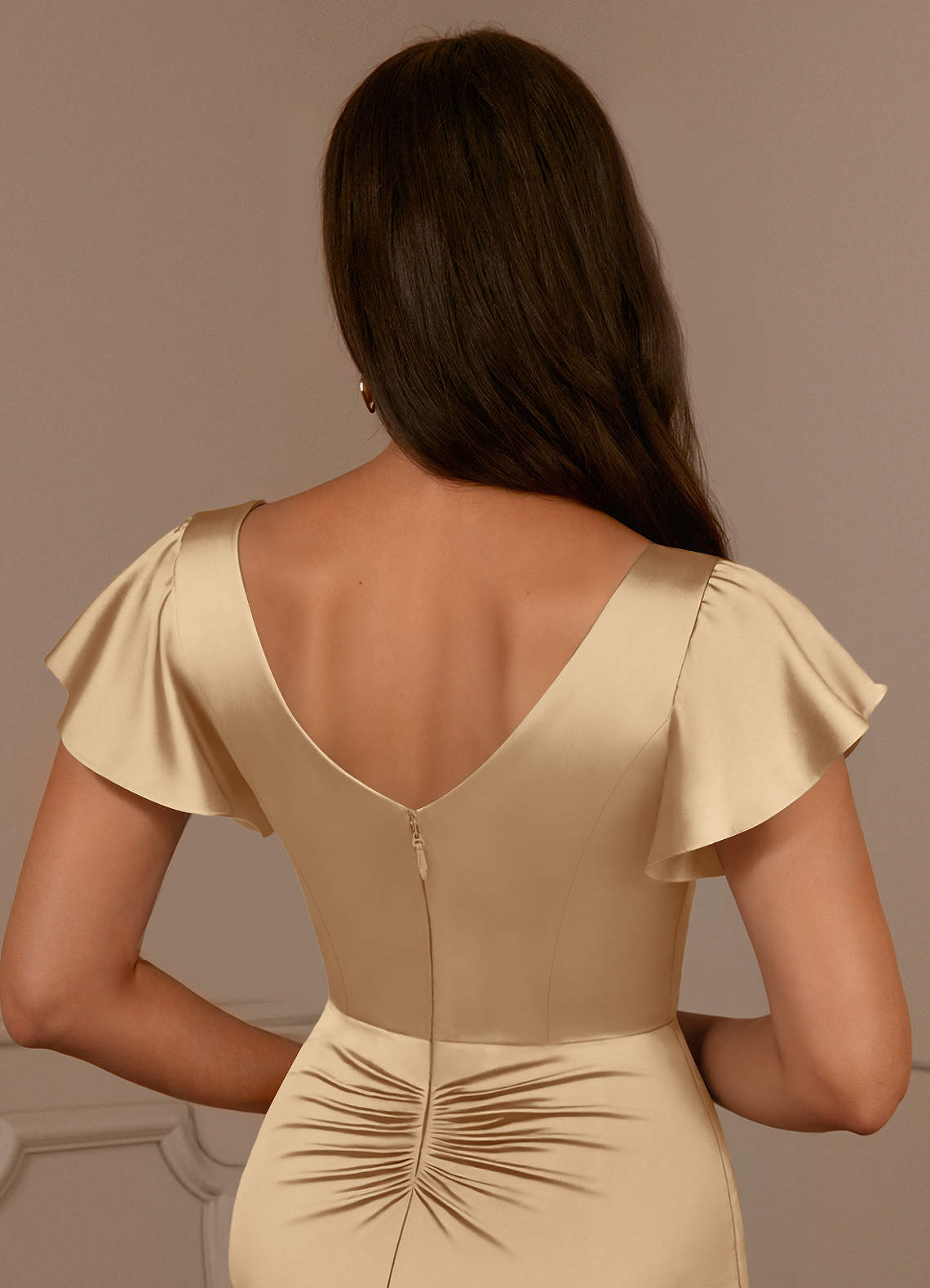Champagne Mermaid V-Neck Pleated Stretch Satin Dress