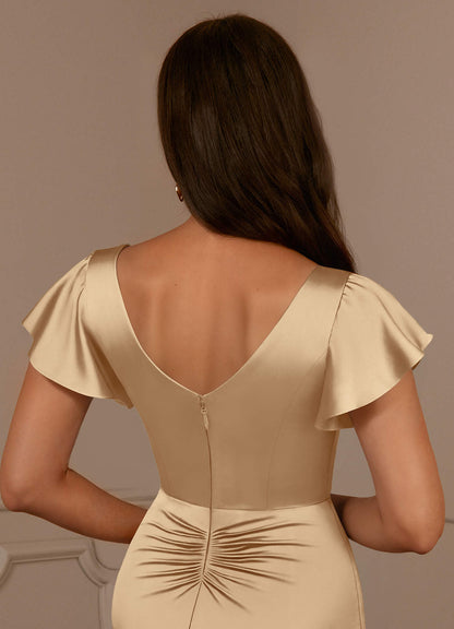 Champagne Mermaid V-Neck Pleated Stretch Satin Dress