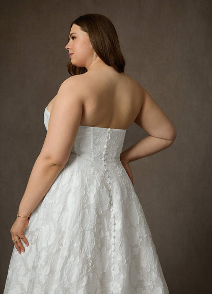 Diamond White Ball-Gown Strapless Floral Burnout Jacquard Dress