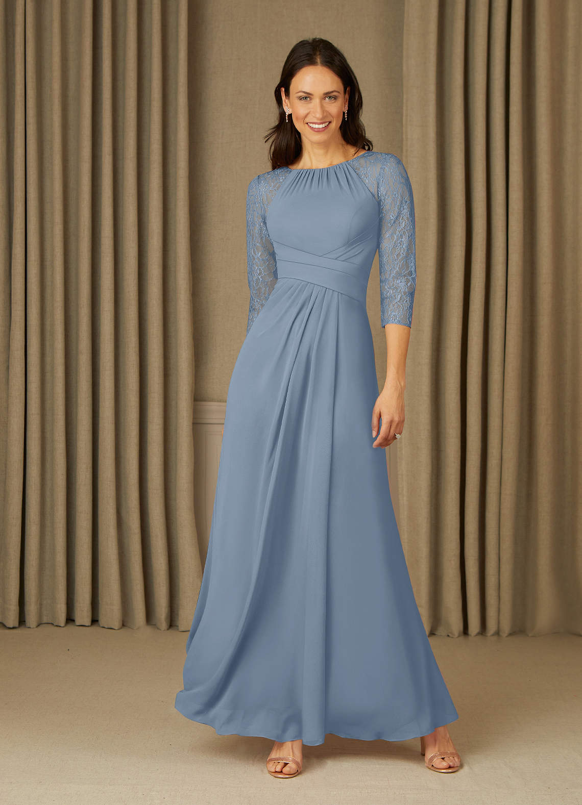 Dusty Blue A-Line Lace Chiffon Dress