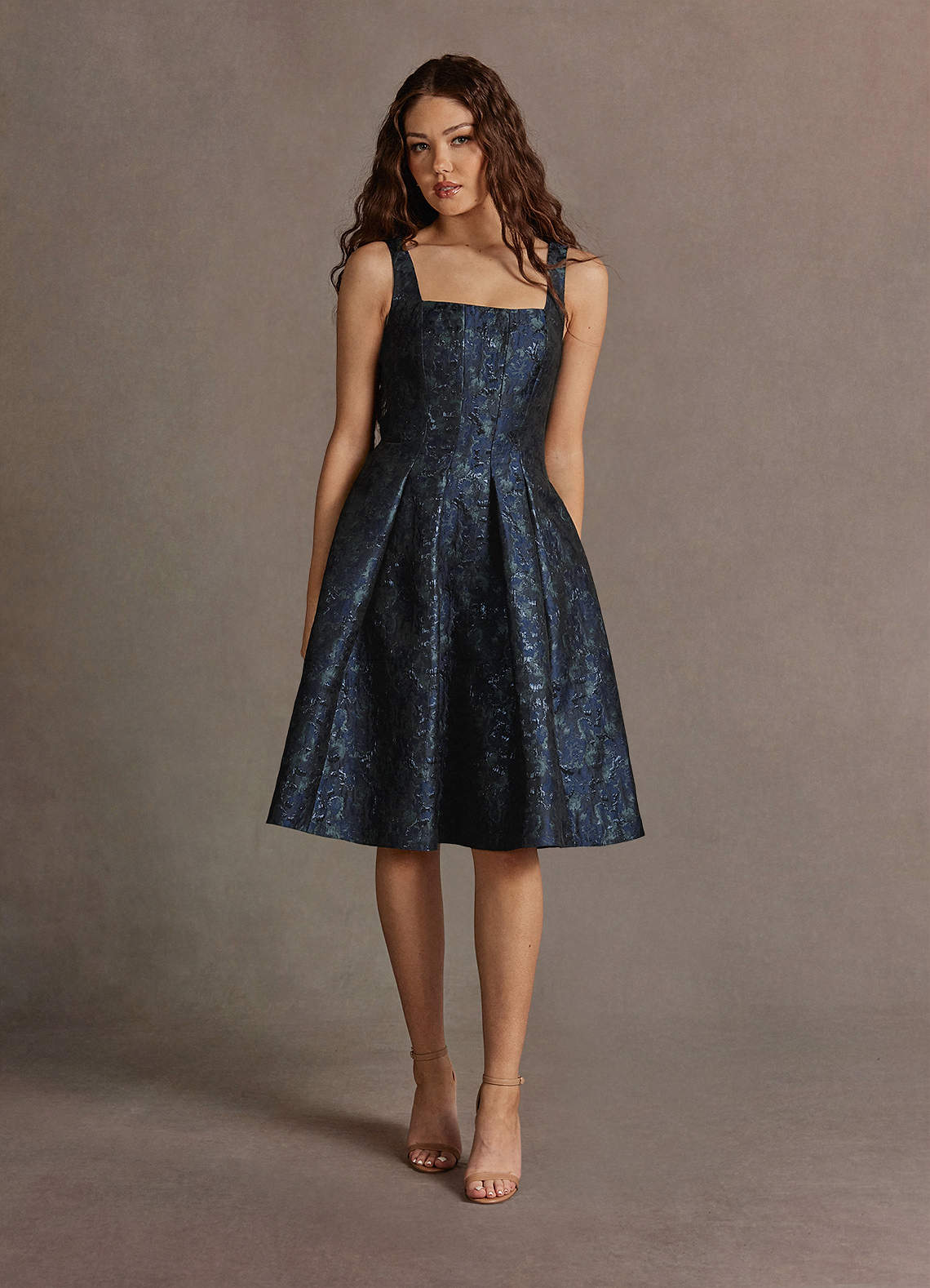 Jackey Navy Jacquard Pleated Midi Dress  Dress