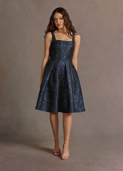 Jackey Navy Jacquard Pleated Midi Dress  Dress