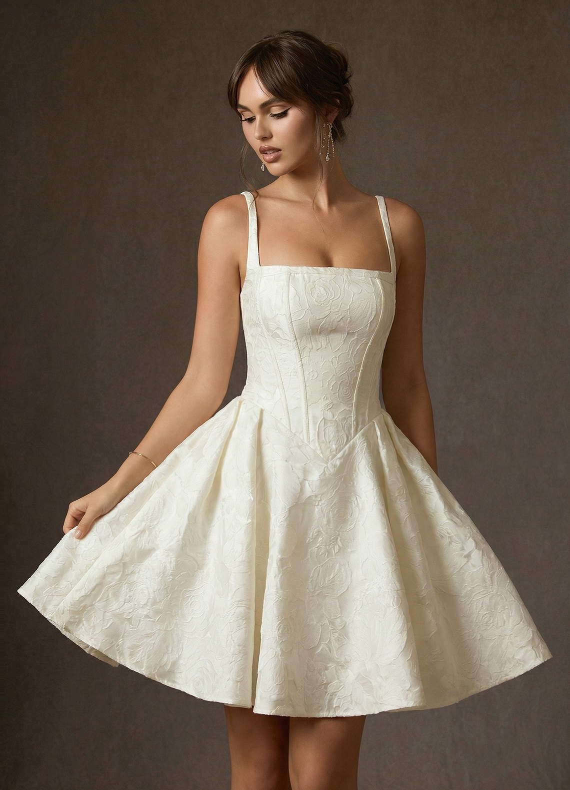Antique White A-Line with Pockets Floral Jacquard Dress