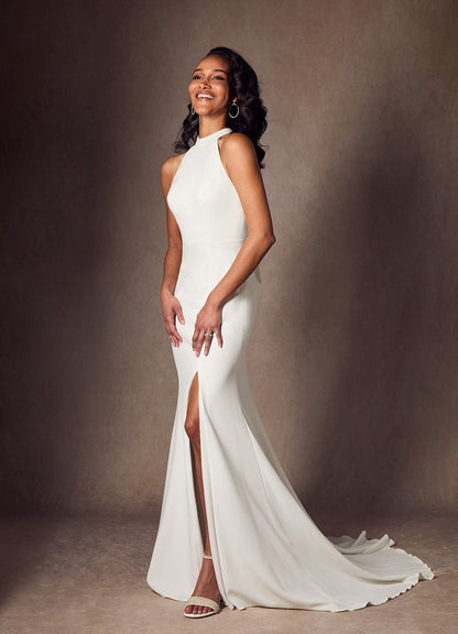 Diamond White Sheath Bow Stretch Crepe Dress