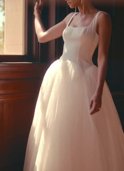 Diamond White A-Line Detachable Train Double Faced Satin Dress