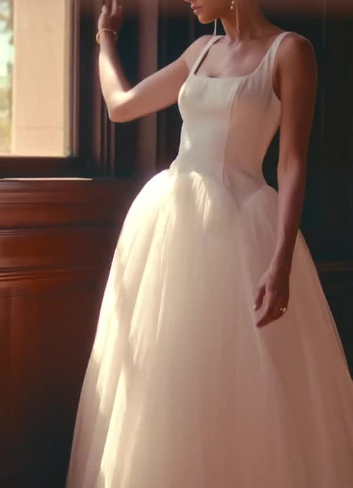 Diamond White A-Line Detachable Train Double Faced Satin Dress