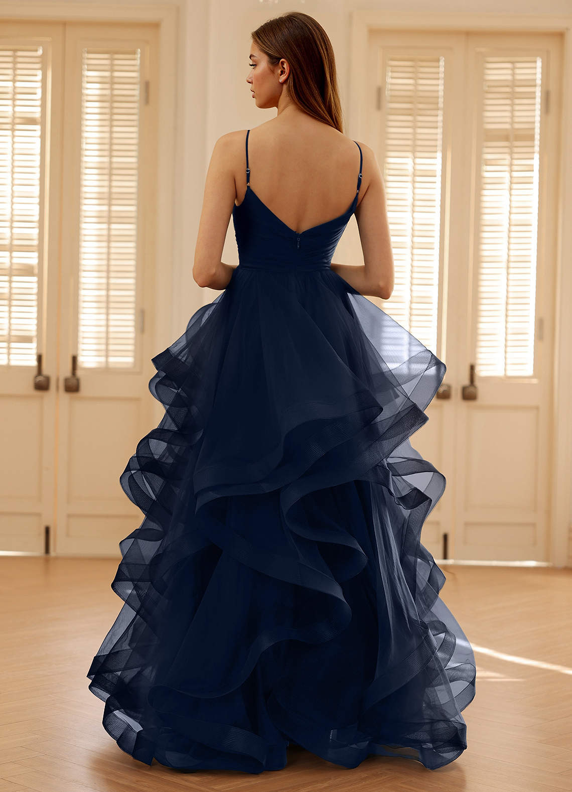 Carmencita Navy A-Line Ruffles Prom Dress