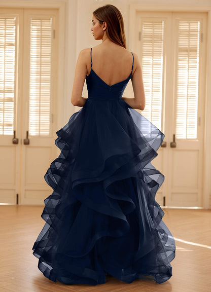Carmencita Navy A-Line Ruffles Prom Dress