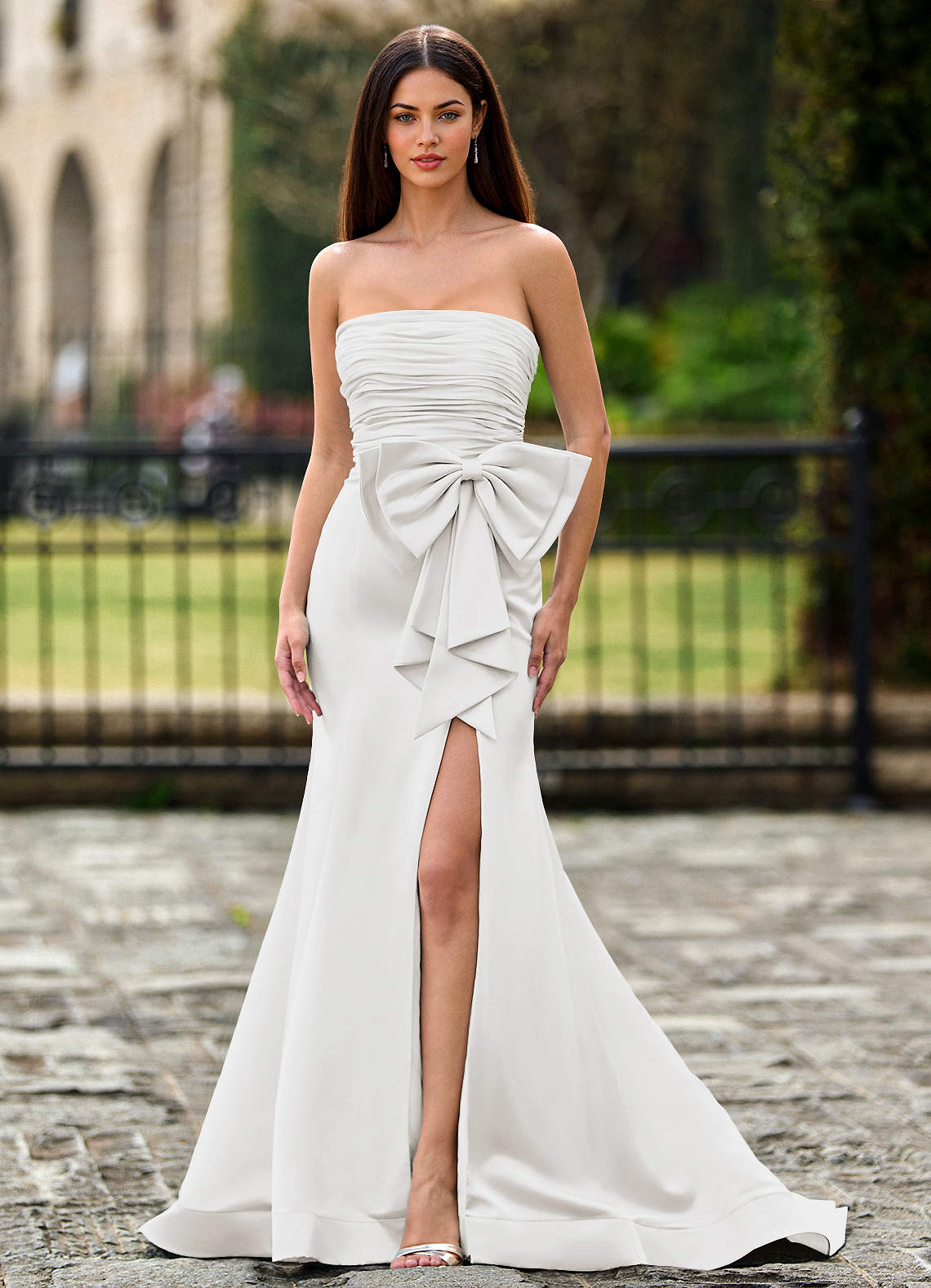 Elowen White Sculpted Strapless Ruffle Prom Dress