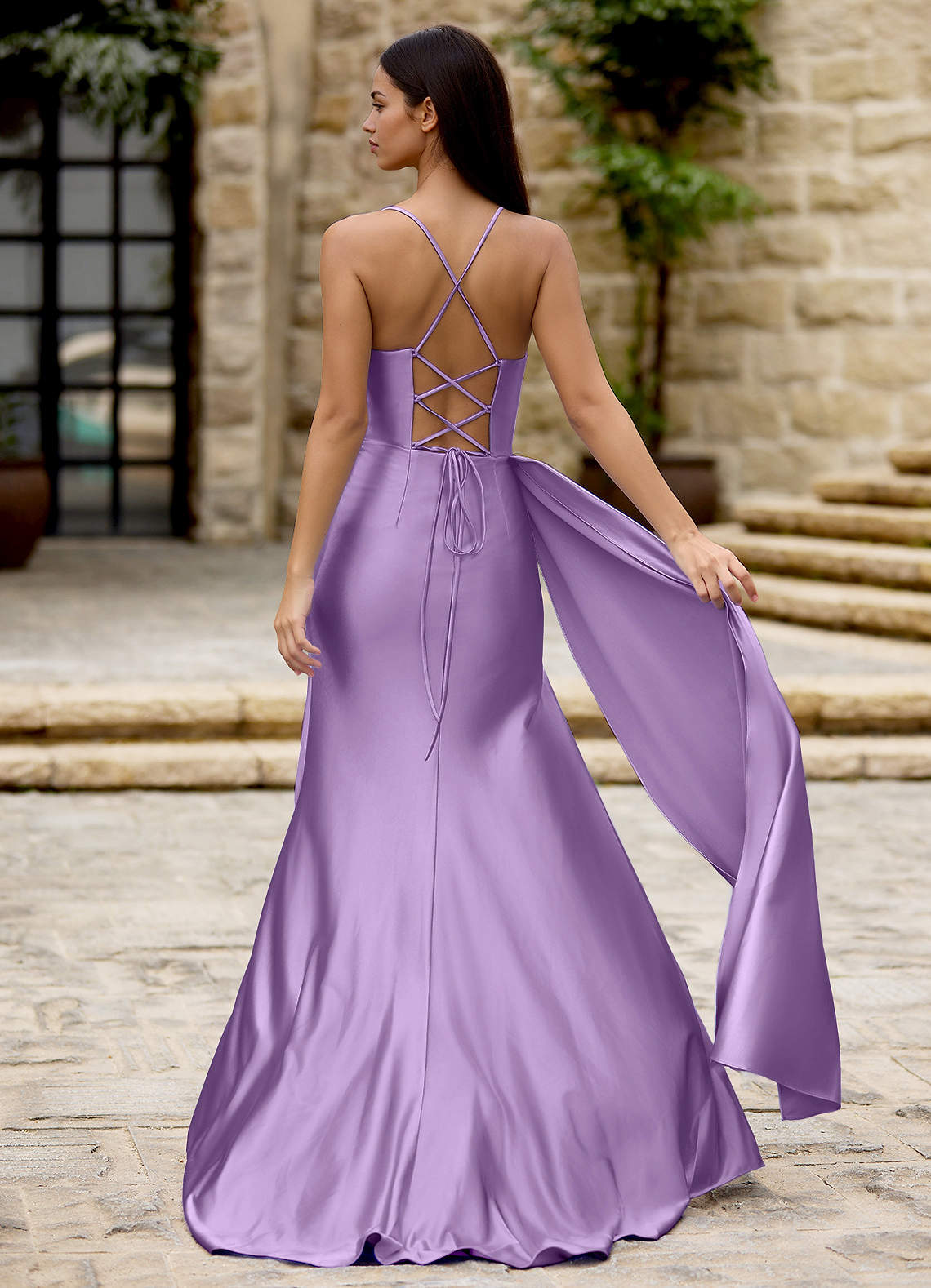 Drape Lavender Satin Prom Dress