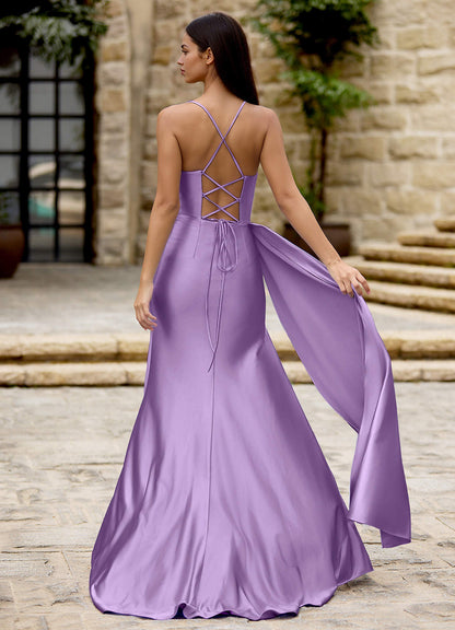 Drape Lavender Satin Prom Dress