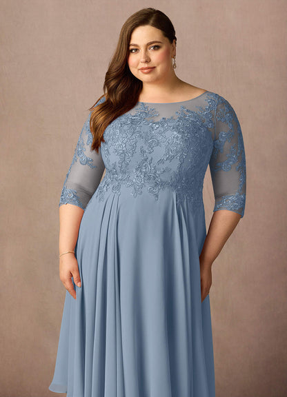 Dusty Blue A-Line Scoop Lace Chiffon Dress