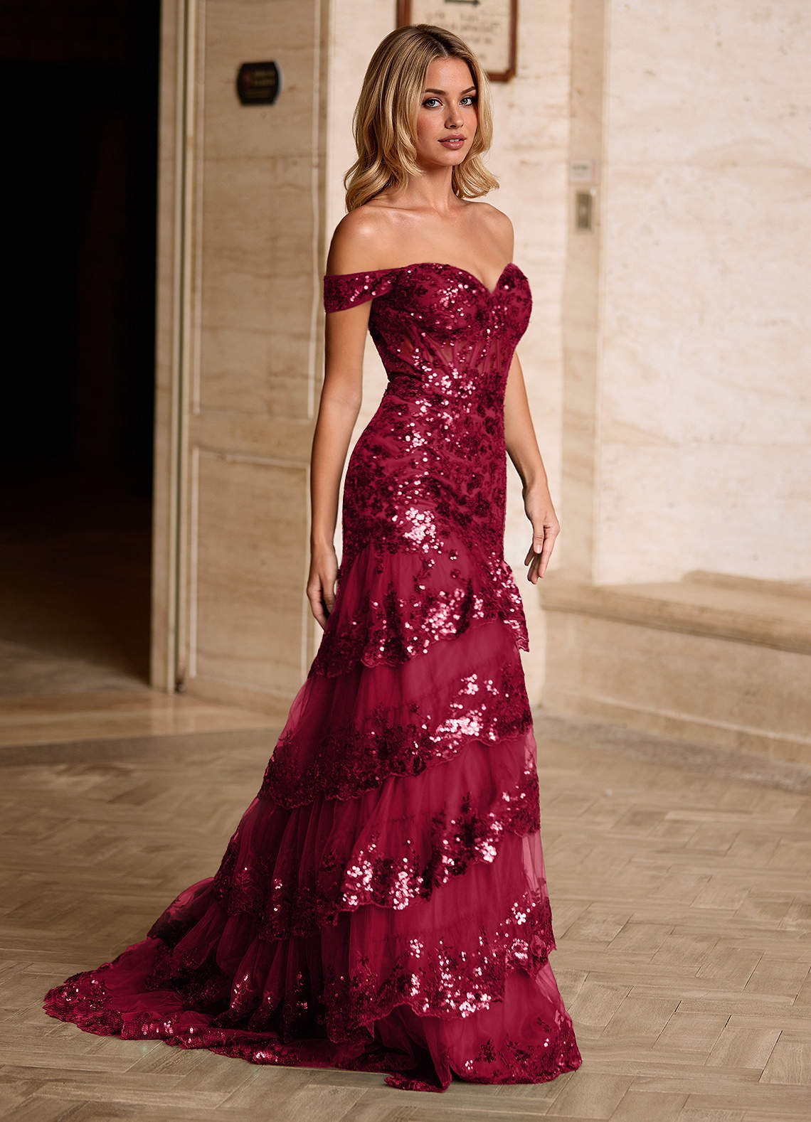 Jenna Red Ruffled Glitter Mermaid Prom Dress  Dress