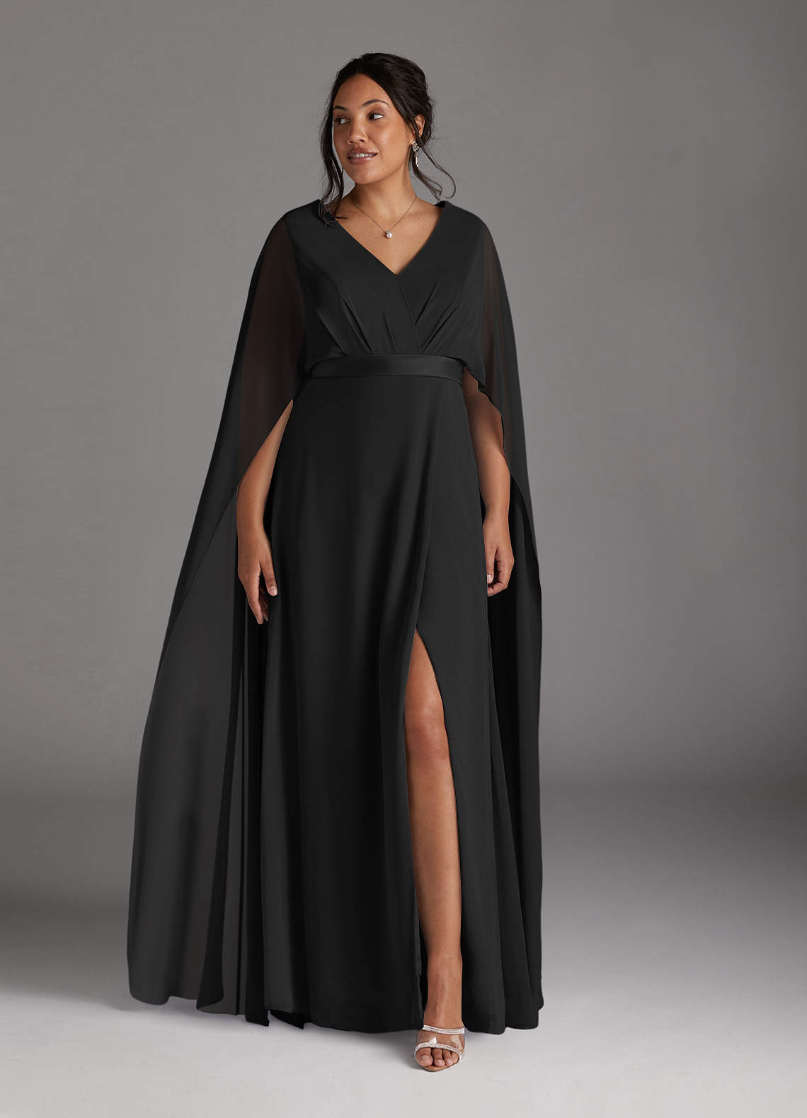 Black A-Line V-Neck Pleated Chiffon Dress