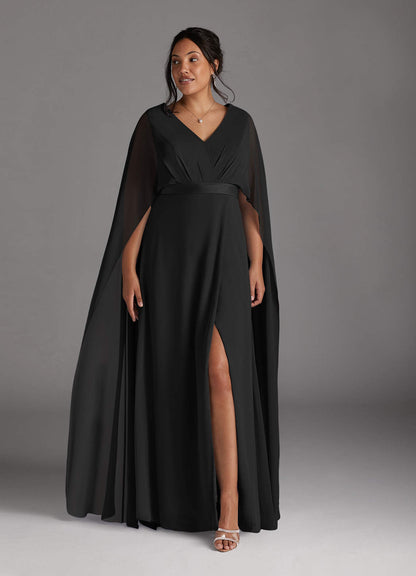 Black A-Line V-Neck Pleated Chiffon Dress