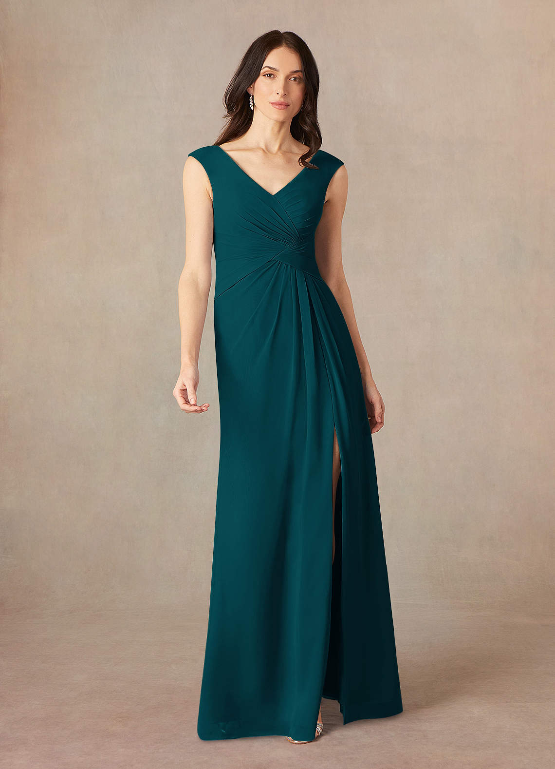 Pine A-Line V-Neck Pleated Chiffon Dress