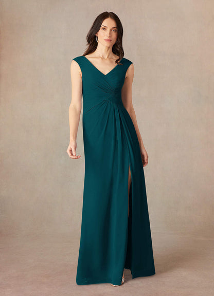 Pine A-Line V-Neck Pleated Chiffon Dress