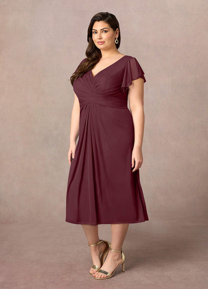 Cabernet A-Line V-Neck Pleated Mesh Dress