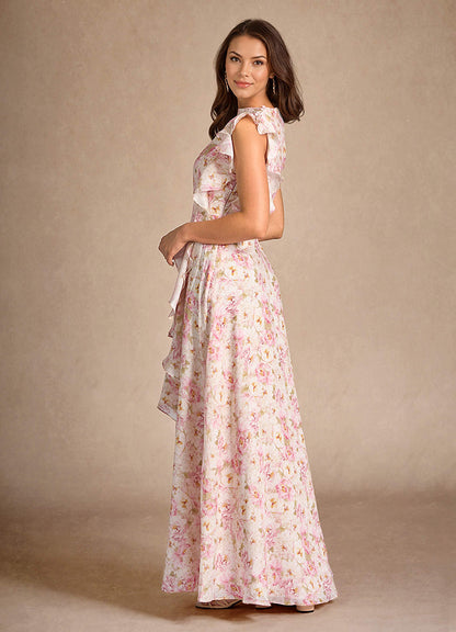 Antique Rose Floral A-Line Pleated Floral Chiffon Dress