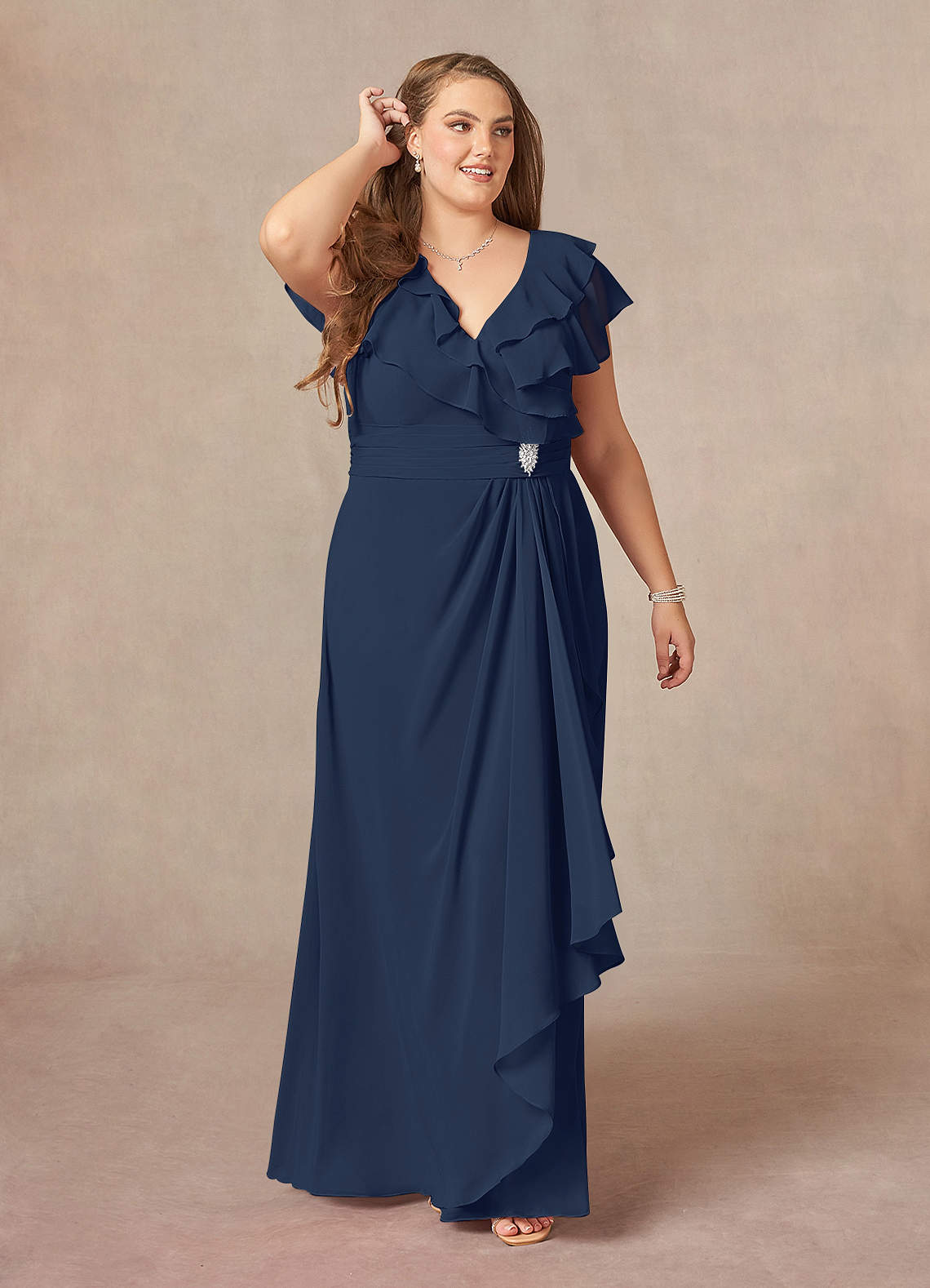 Dark Navy A-Line V-Neck Ruched Chiffon Dress