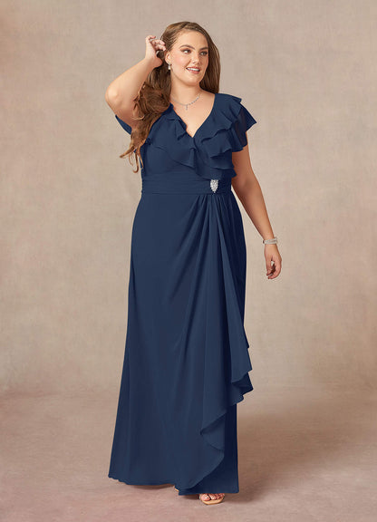 Dark Navy A-Line V-Neck Ruched Chiffon Dress