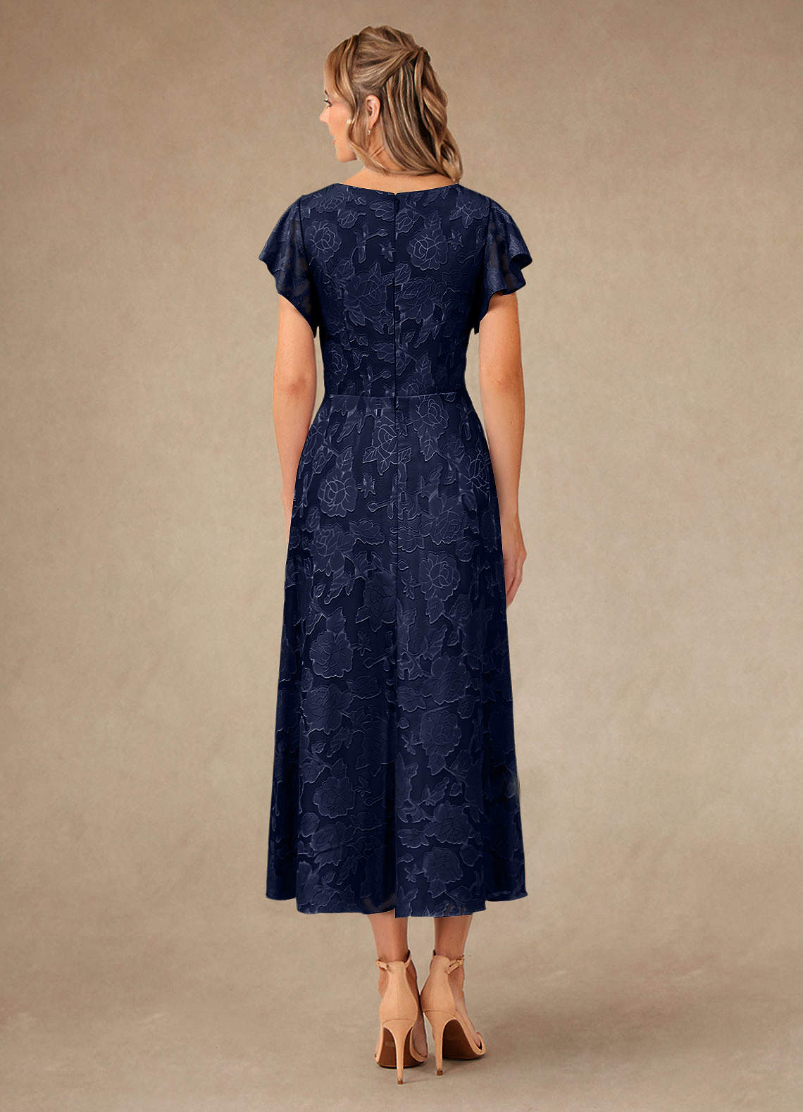 Dark Navy A-Line Pleated Floral Burnout Dress