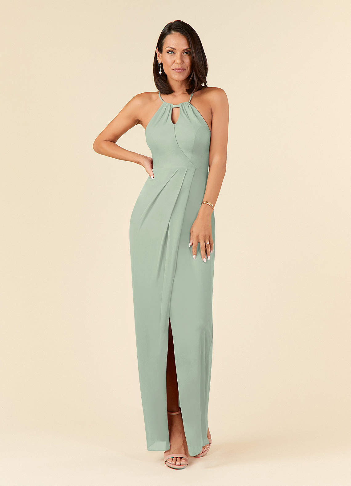 Dusty Sage Sheath Pleated Mesh Dress