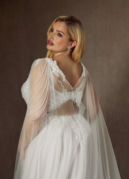 Diamond White A-Line V-Neck Sequins Tulle Dress