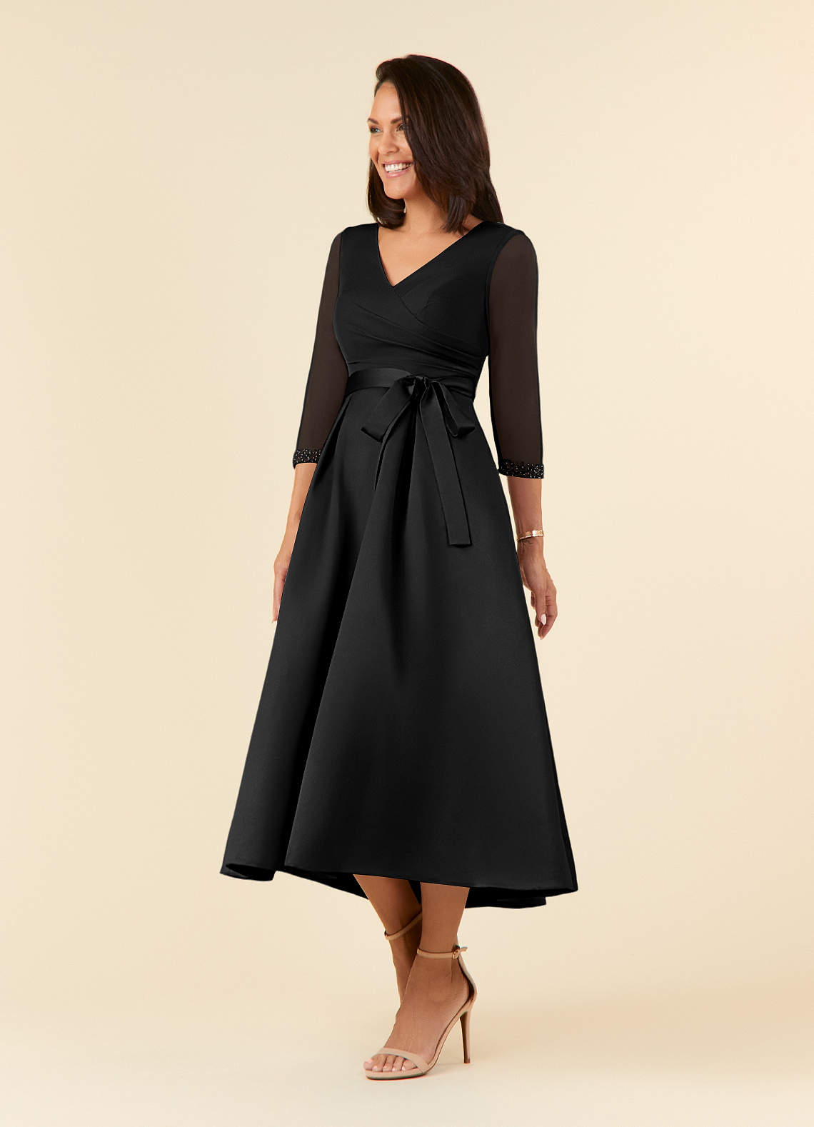 Black A-Line Pleated Matte Satin Dress